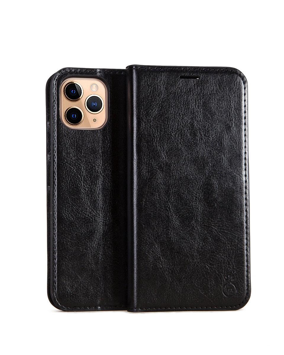 Black phone case with embossed design on a white background