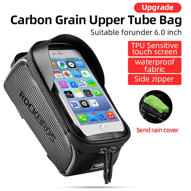Carbon grain upper tube bag with smartphone display, suitable for phones under 6.0 inches.