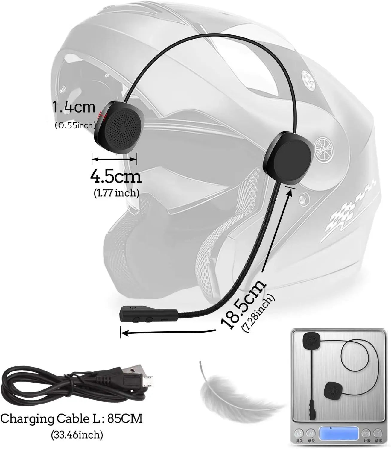 Motorcycle helmet with a headset and charging cable, showing measurements.