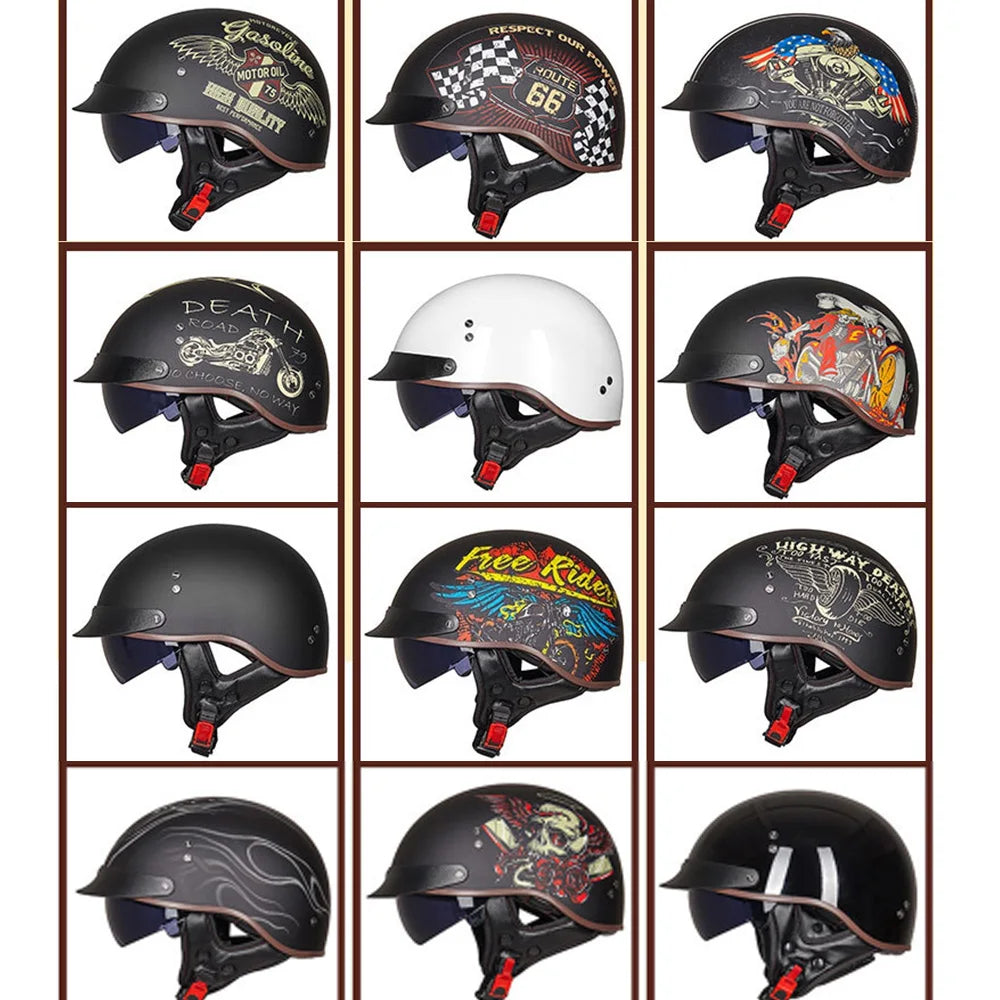 Grid of various styled motorcycle helmets on a white background