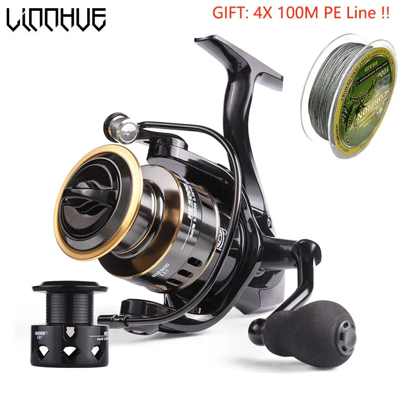 Fishing reel with spool 4X100M PE line on a white background