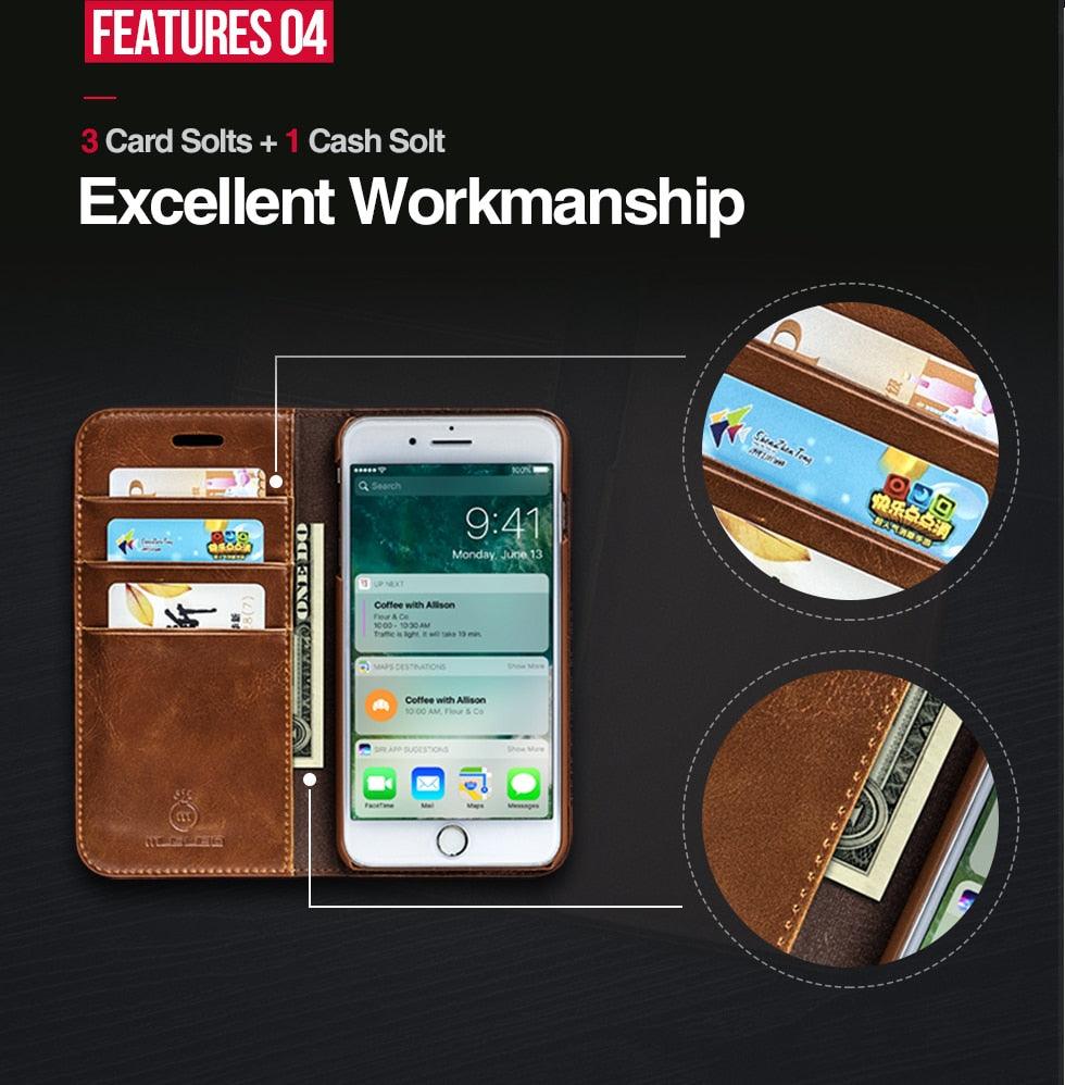 Brown phone case with card slots and cash pocket on a black background