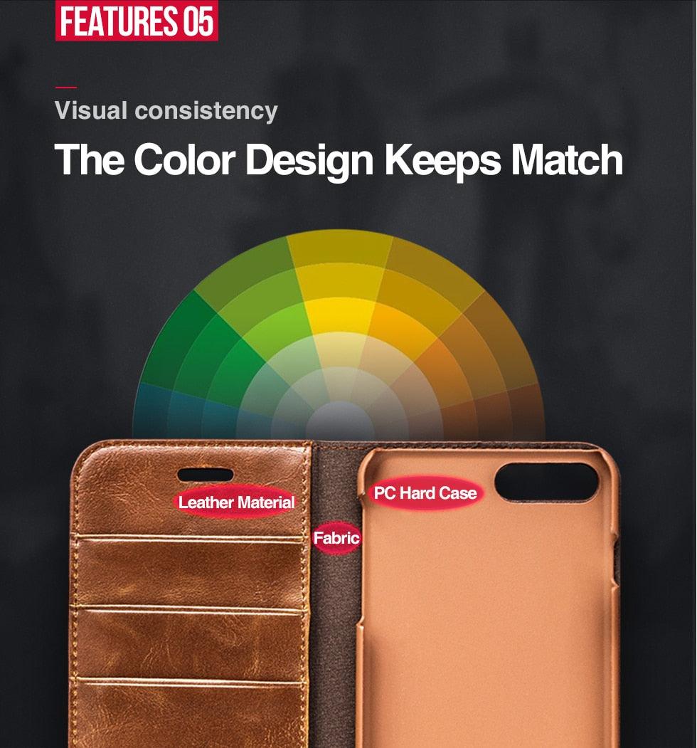 Two phone cases, one leather and one PC hard case, with a color wheel in the background on a dark background.