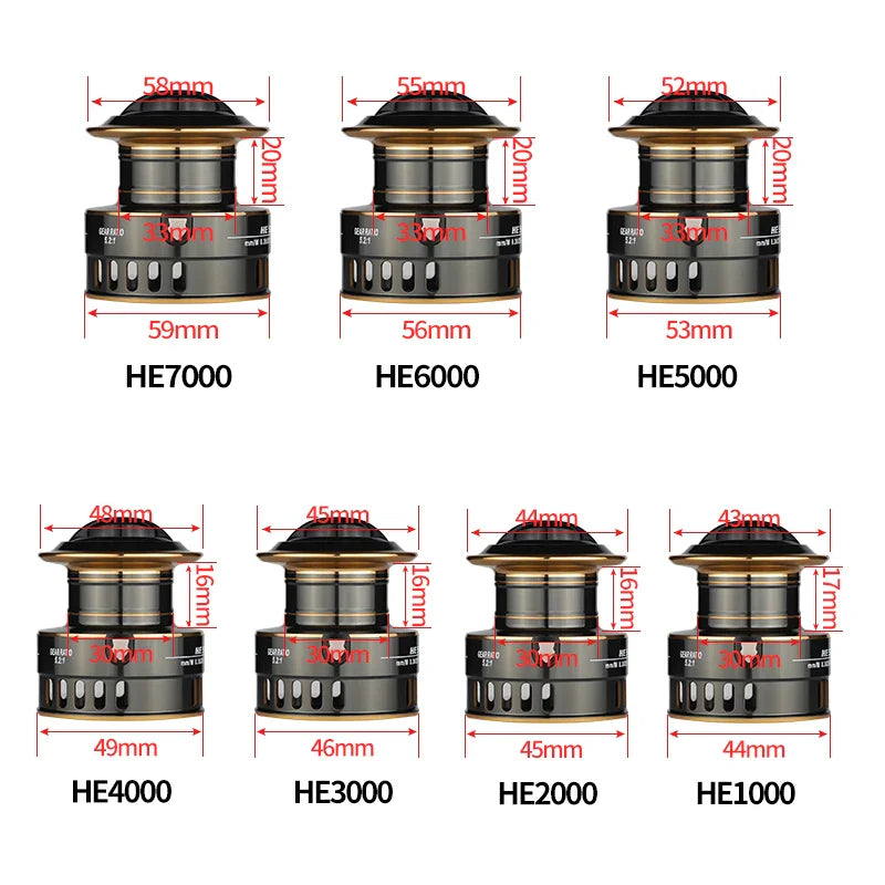 Set of fishing reels with dimensions labeled on a white background
