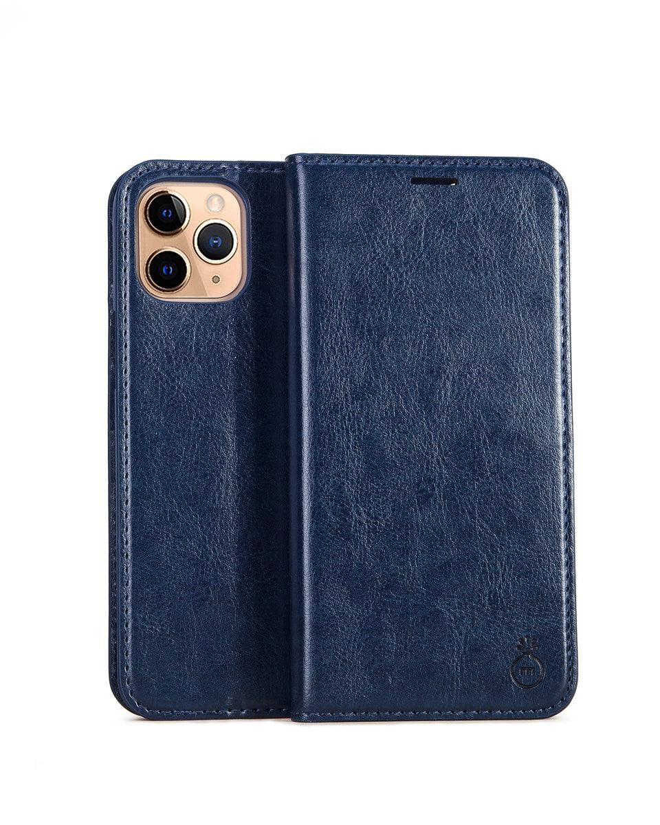 Blue phone case with a phone inside on a white background