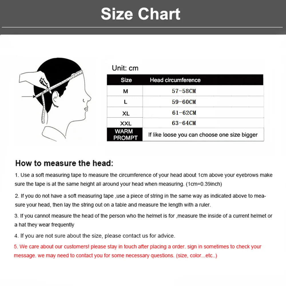 Helmet size chart with measurement instructions and head outline illustration.