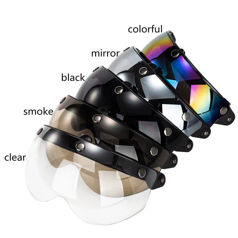 Set of visors with different lens colors labeled on a white background