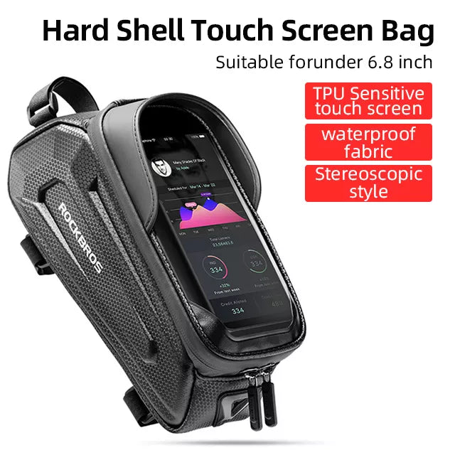 Hard shell touch screen bag suitable for 6.8 inch devices with RockBros branding.