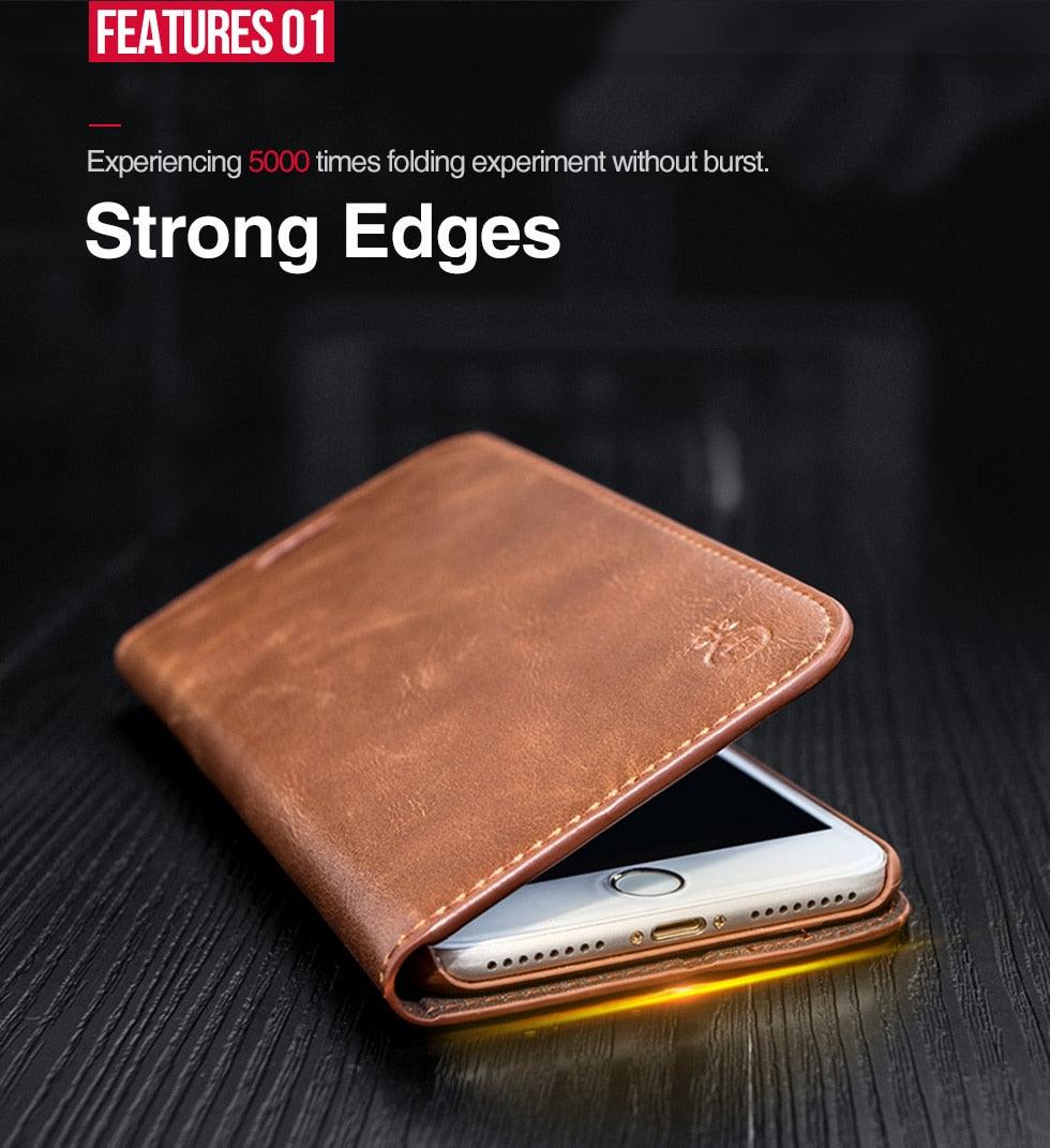 Brown leather phone case with smartphone inside on a dark surface, highlighting 'Strong Edges' feature.