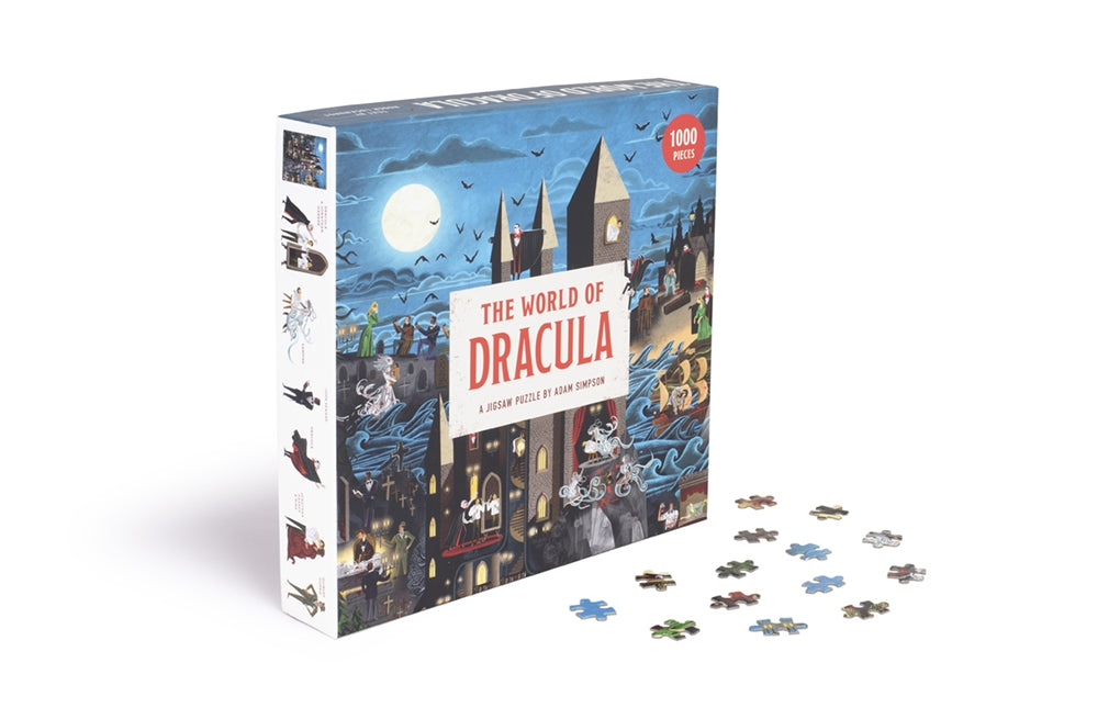 Puzzle box for 'The World of Dracula' with puzzle pieces on a white background