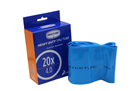 Blue bike tube with packaging on a white background