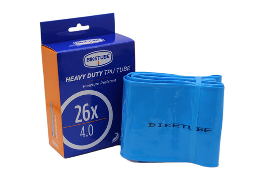 Blue bike tube with packaging on a white background