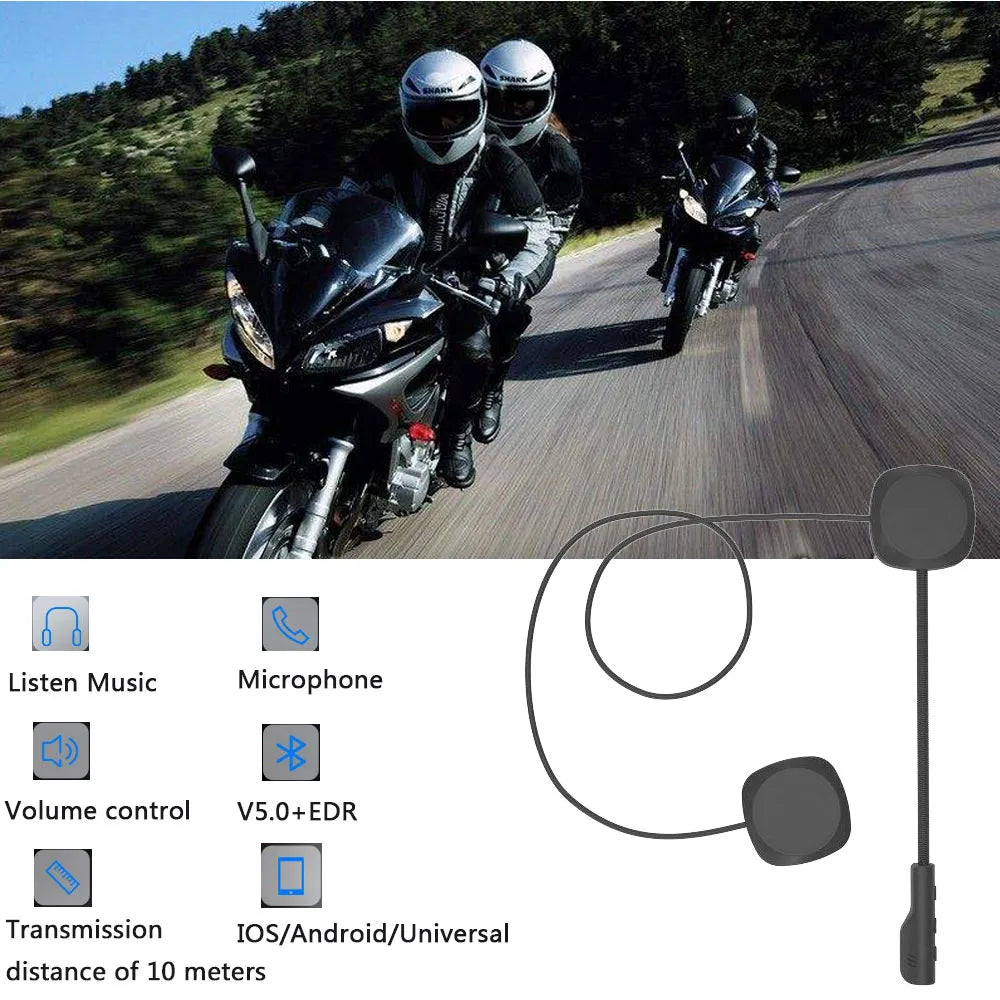 Motorcycle helmet with communication device on a road with riders, featuring connectivity options.