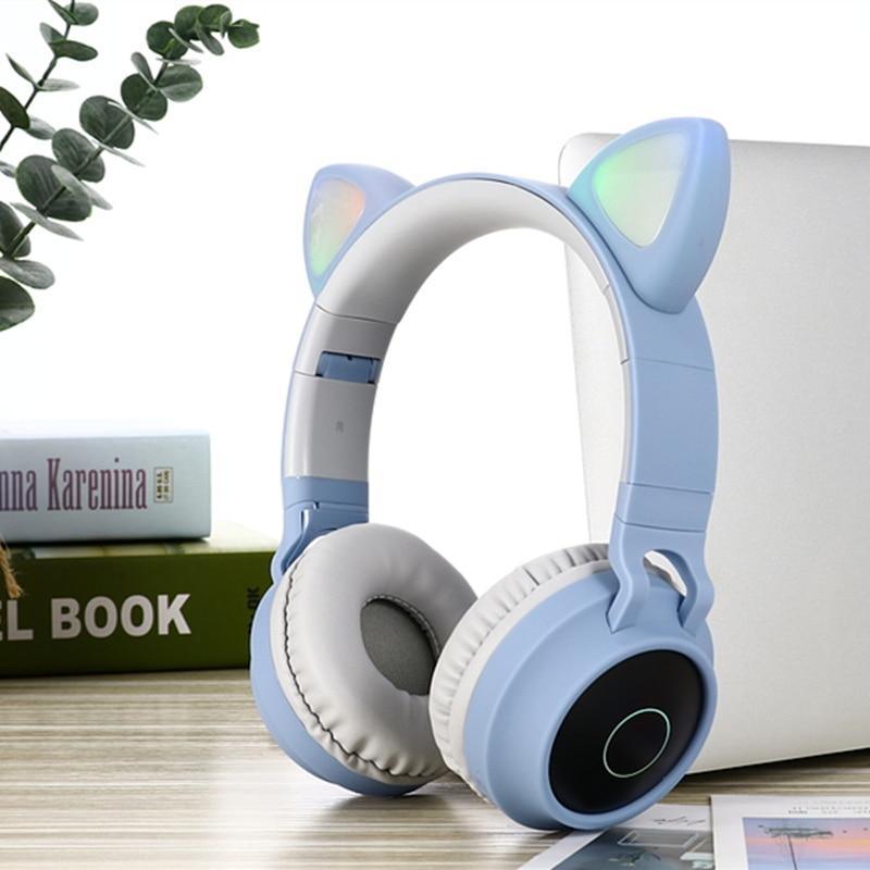 STEVVEX New Luxury Interesting LED Cat Ear Noise Cancelling Headphones Bluetooth 5.0  For Young People and  Kids Headset Support TF Card 3.5mm Plug With Mic