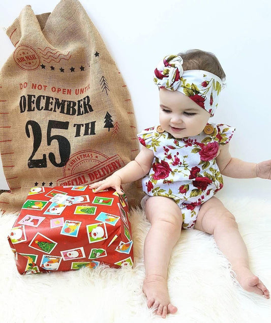 Luxury Modern Cute Floral Romper Baby Girls Clothes Jumpsuit Romper Headband Toddler Dress With Bow For Girls