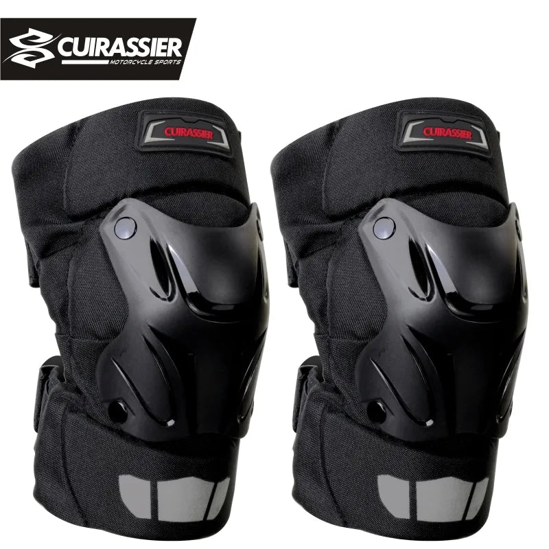 Pair of black knee pads with Cuirassier branding on a white background