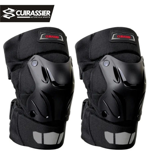 Pair of black knee pads with Cuirassier branding on a white background