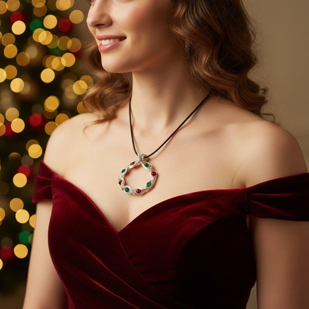 Woman wearing a necklace with a wreath pendant against a blurred festive background