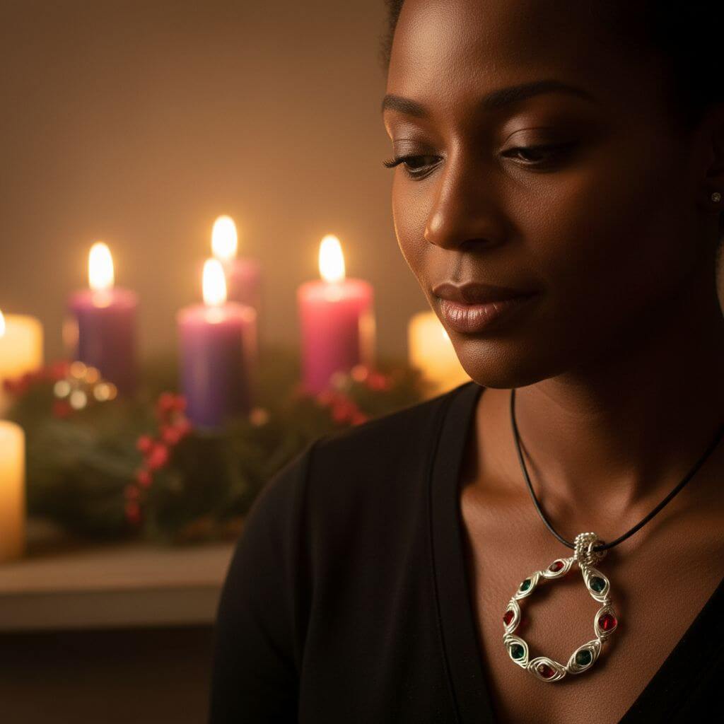 Woman wearing a necklace with a circular pendant in a warm, candlelit setting