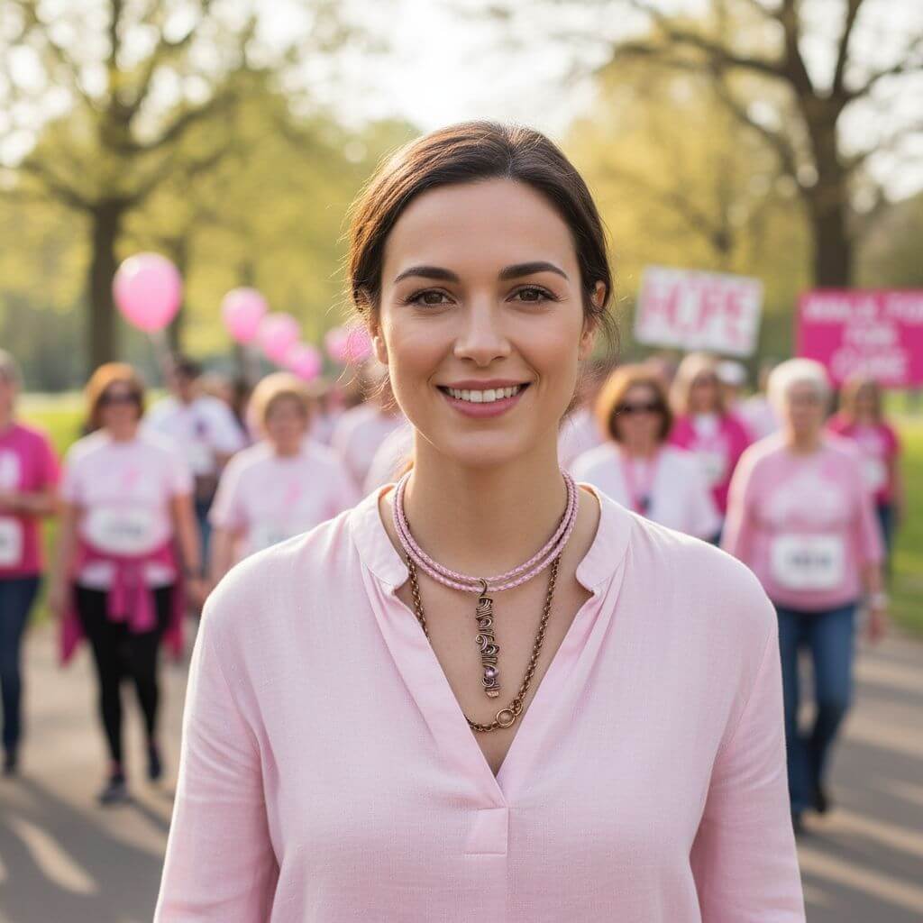 Woman in pink at a breast cancer awareness event with trees and balloons in the background