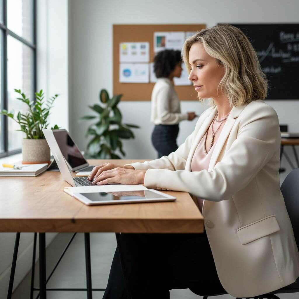 Woman working on a laptop at a desk with another person in the background.