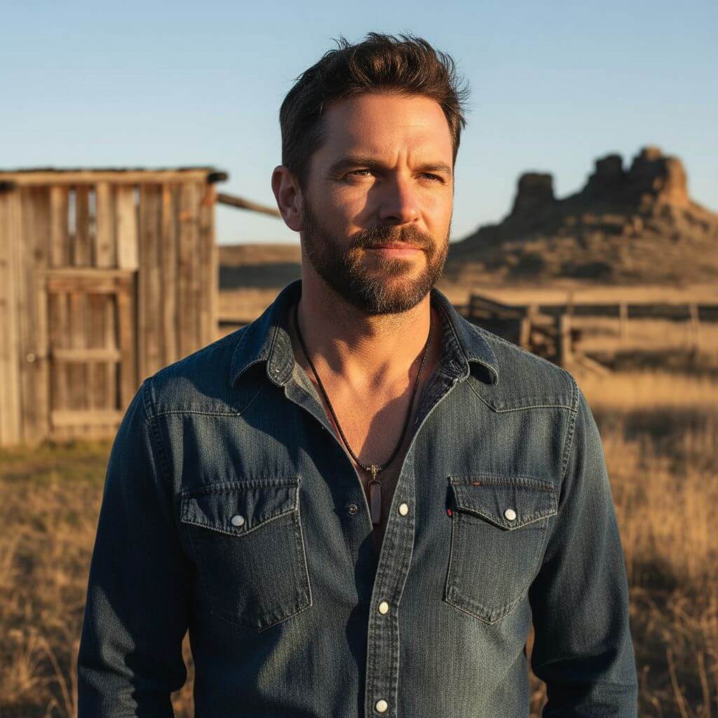 Man wearing necklace in a denim shirt in a desert landscape with wooden structures.