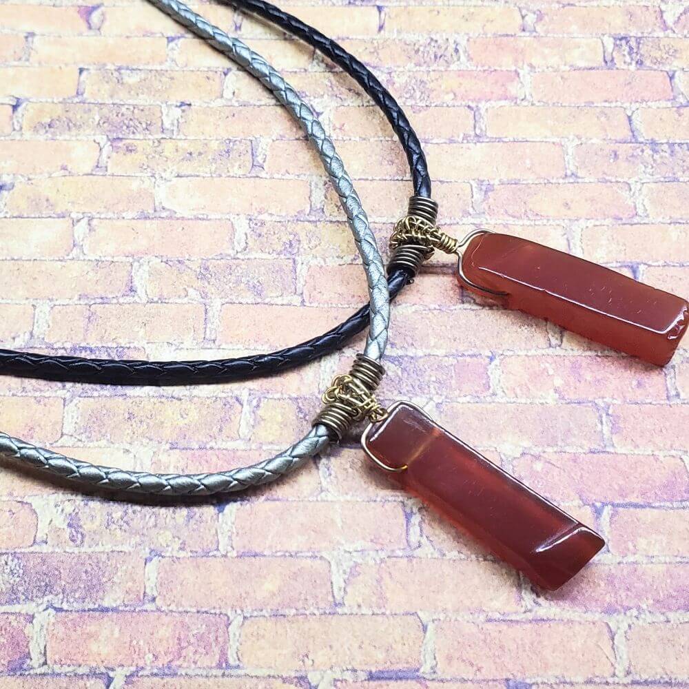 Handmade Wire Wrapped Rustic Raw Cut Red Agate Stick Bolo Leather Necklaces