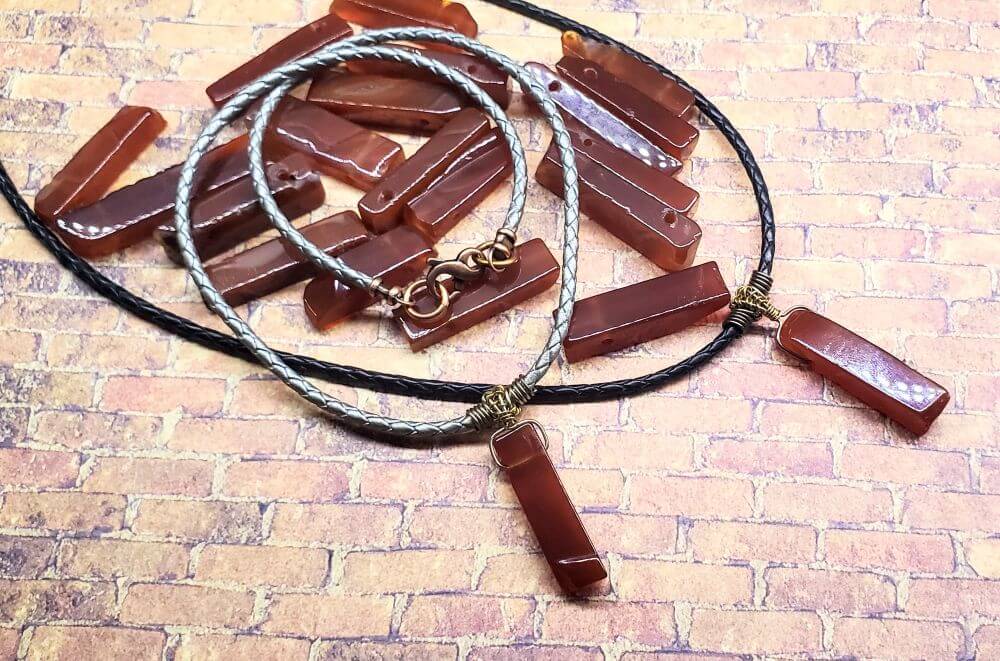 Handmade Wire Wrapped Rustic Raw Cut Red Agate Stick Bolo Leather Necklaces
