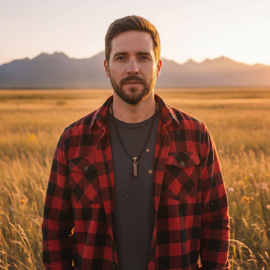 Man wearing a red and black plaid shirt standing in a field with mountains in the background wearing pendant necklace