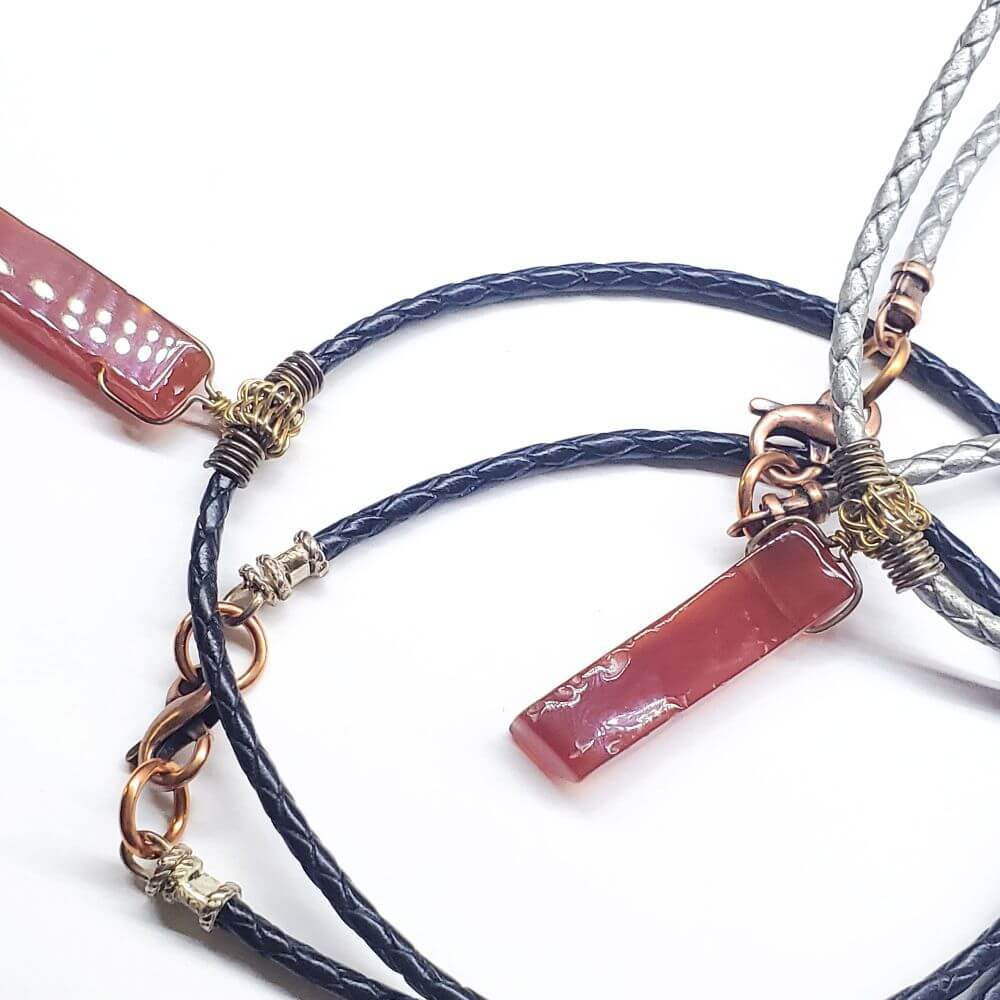 Handmade Wire Wrapped Rustic Raw Cut Red Agate Stick Bolo Leather Necklaces