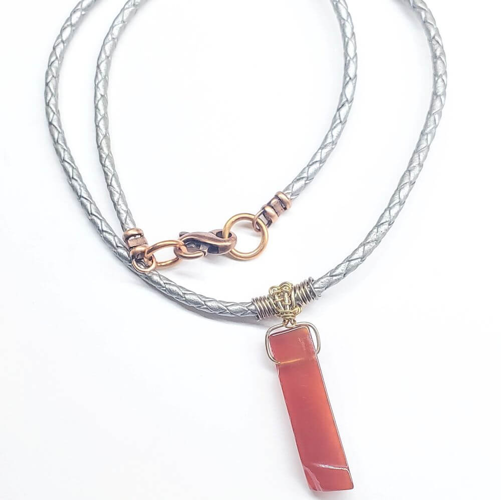 Handmade Wire Wrapped Rustic Raw Cut Red Agate Stick Bolo Leather Necklaces