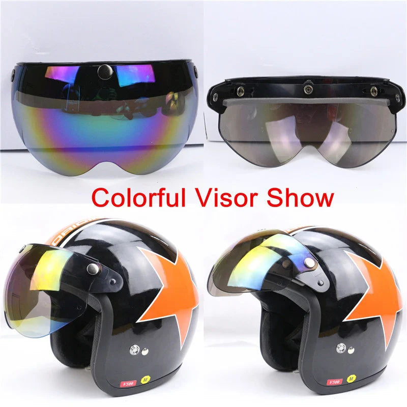 Four helmet visors with different colored lenses on a white background.