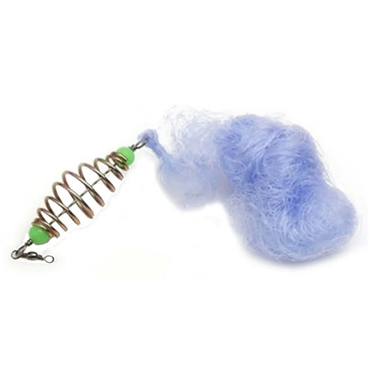 Fishing lure with blue fuzzy body and metal spring on a white background