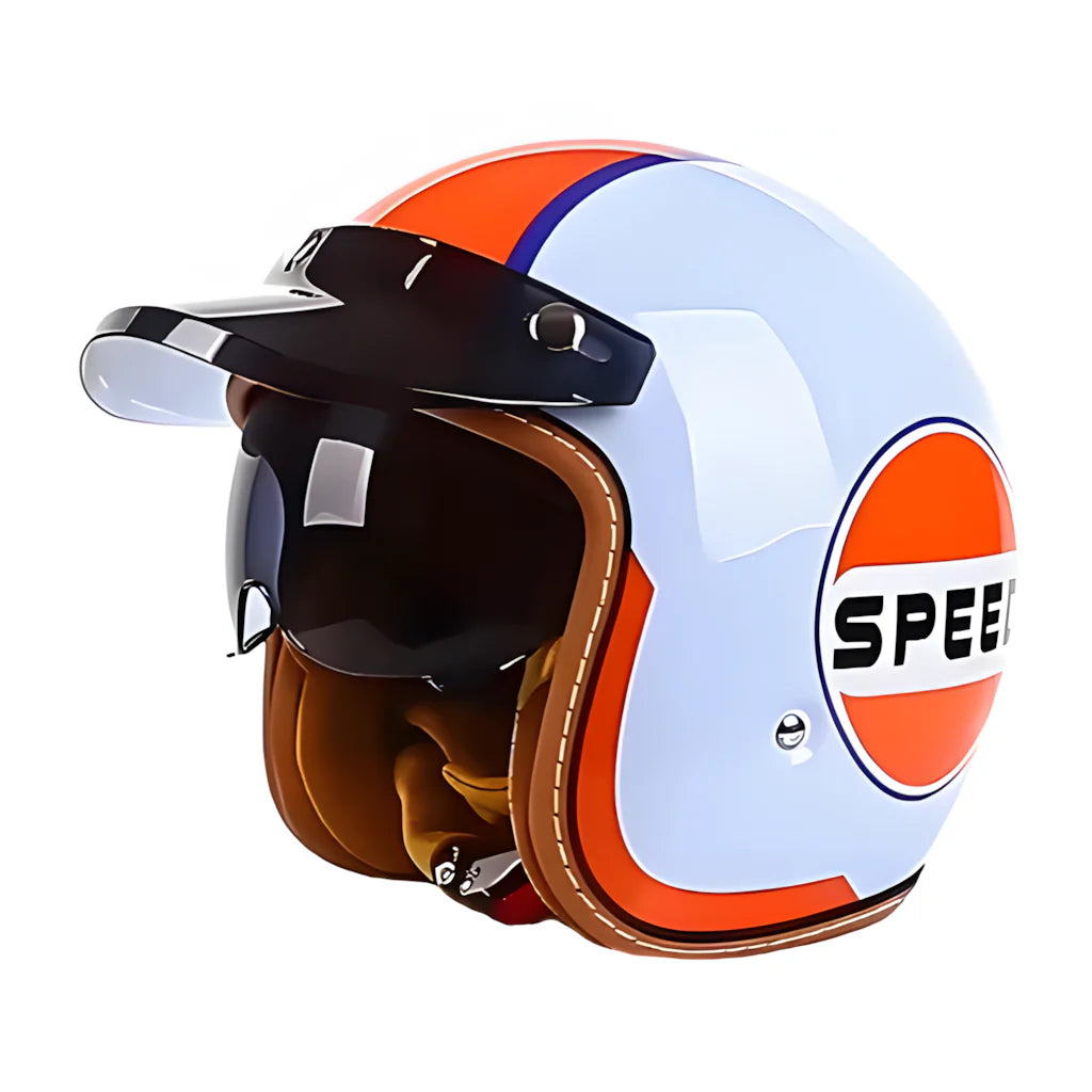 Motorcycle helmet with orange and white design on a white background