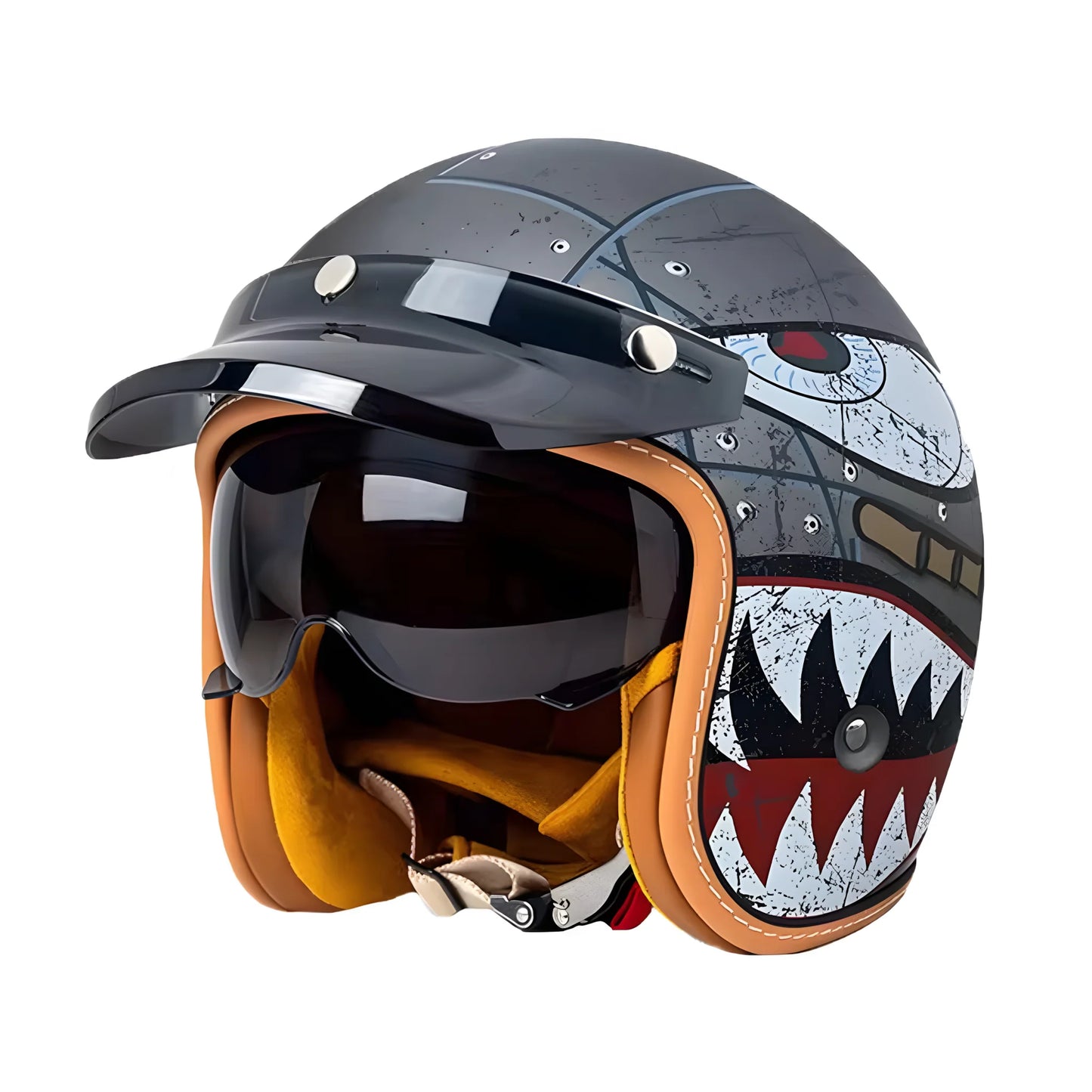 Motorcycle helmet with shark design on a white background