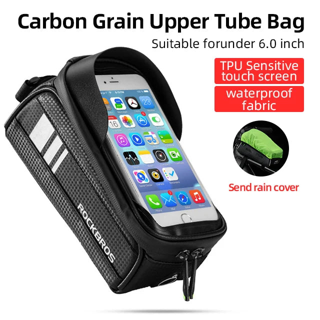 Carbon grain upper tube bag with smartphone display, suitable for 6.0 inch phones, featuring TPU sensitive touch screen and waterproof fabric.