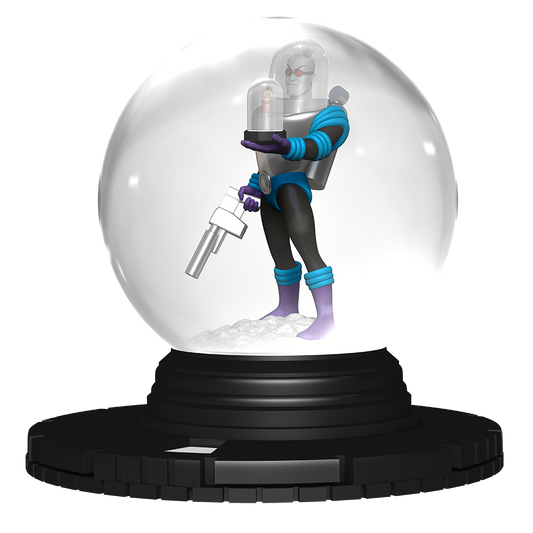 Mr. Freeze Character figure inside a snow globe on a white background