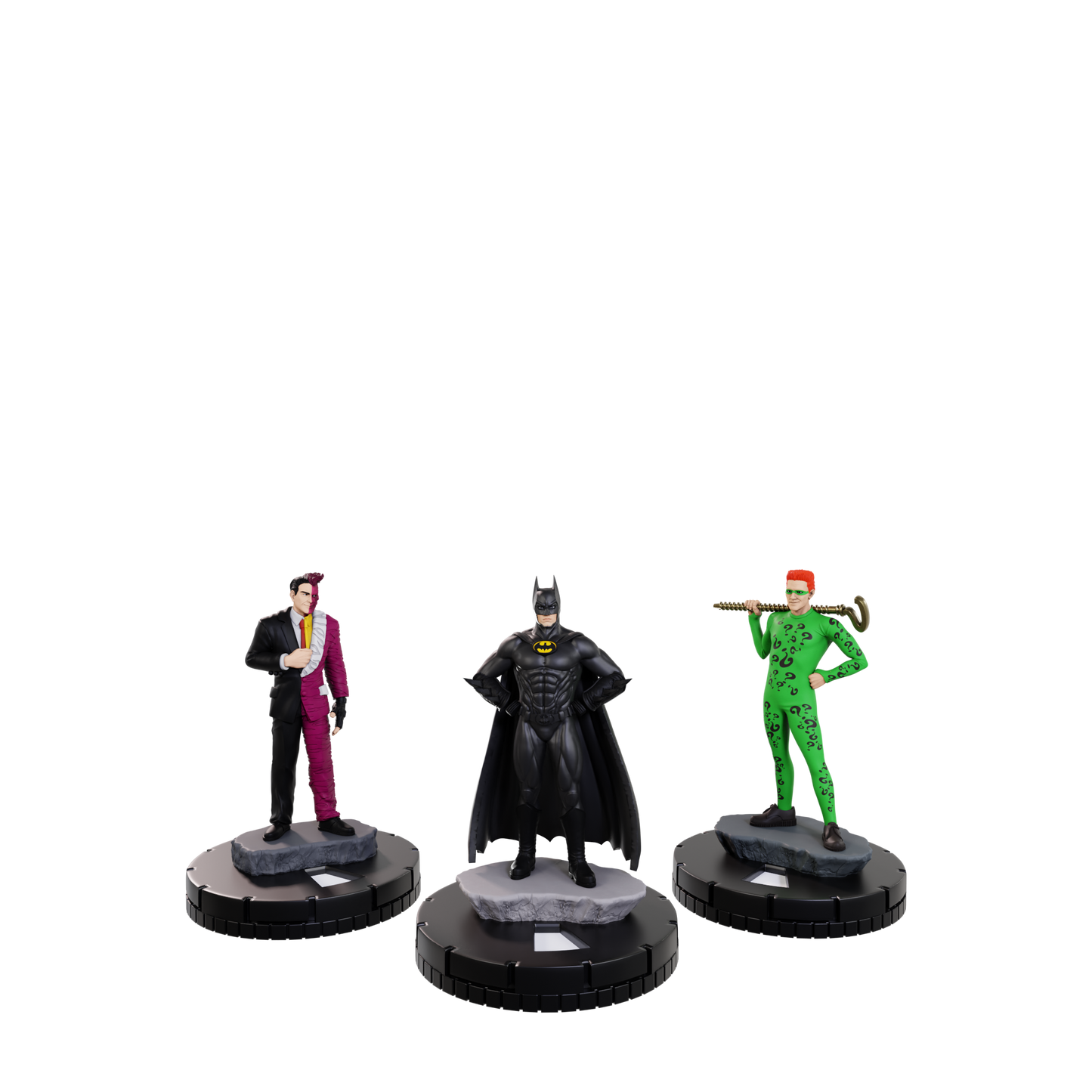 Three superhero action figures on stands against a white background