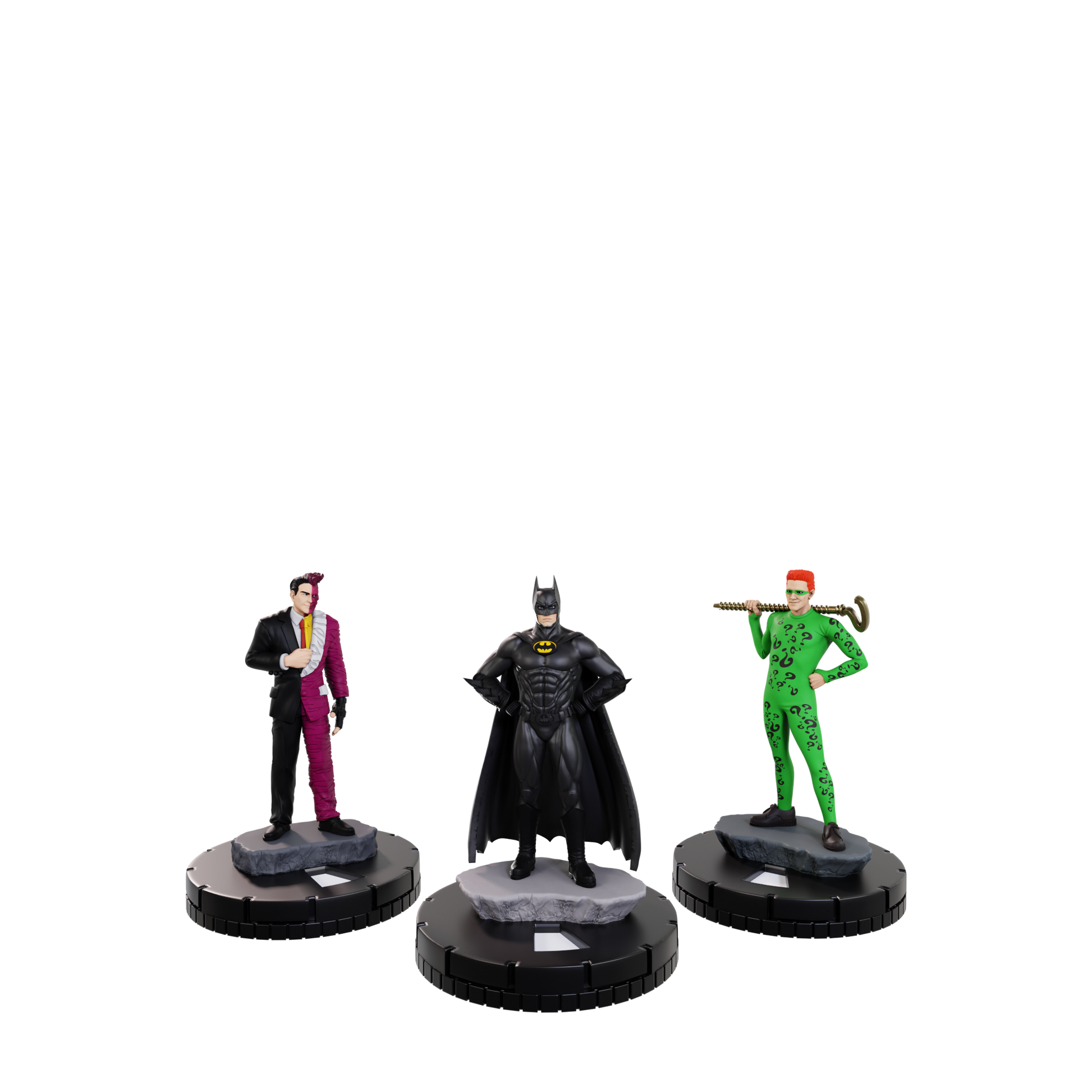 Three superhero action figures on stands against a white background