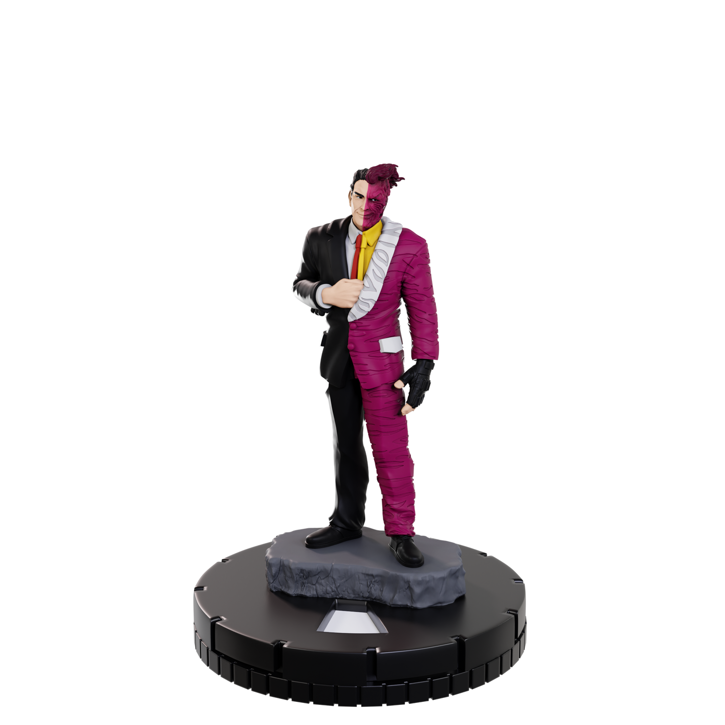 Figure in a pink and black suit on a white background
