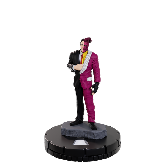 Figure in a pink and black suit on a white background