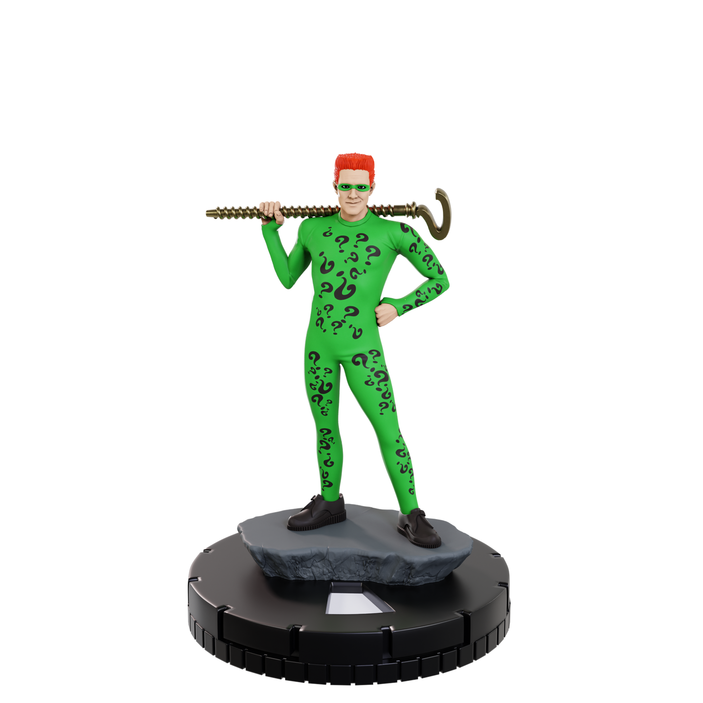 Figure of a character in a green suit with a red hat holding a crowbar on a white background
