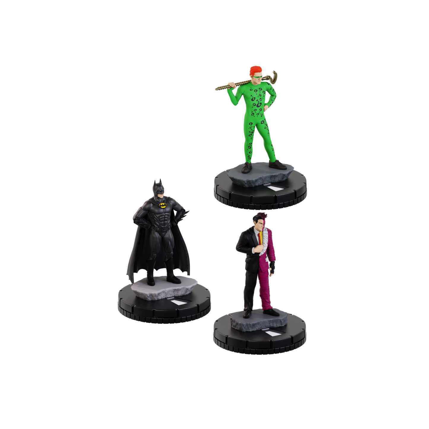 Three superhero action figures on stands against a white background