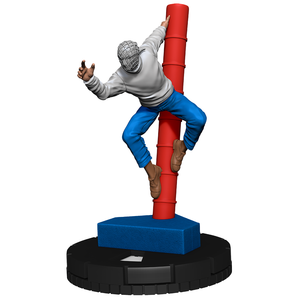 Statue of a character climbing a red cylindrical object on a white background