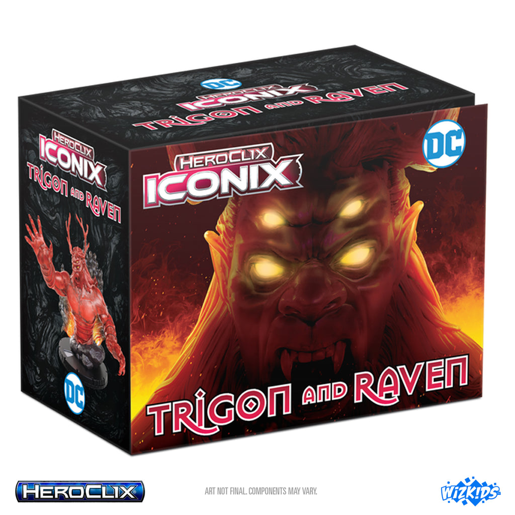 HeroClix Iconix Trigon and Raven box with fiery design and character illustration.
