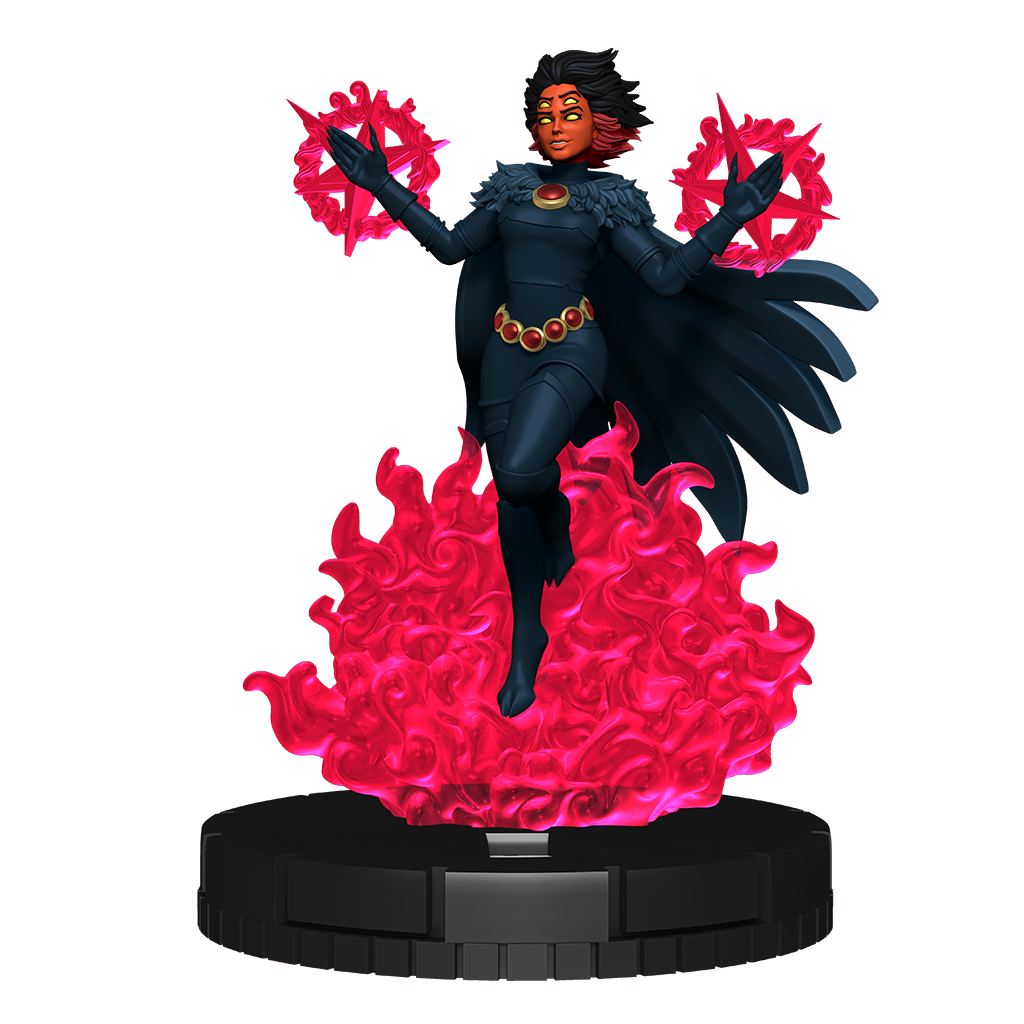 Statue of a superhero character with red energy effects on a white background