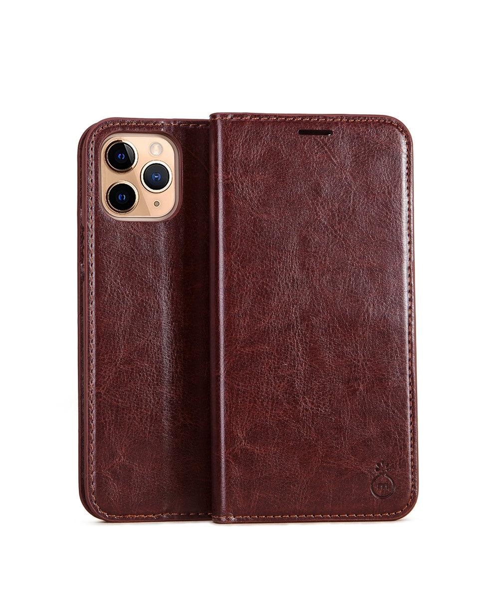 Brown leather phone case on a white background