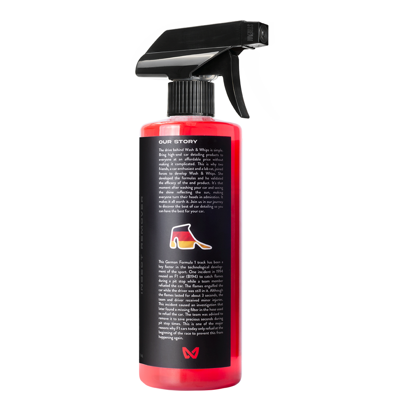 Red spray bottle with black label on a white background