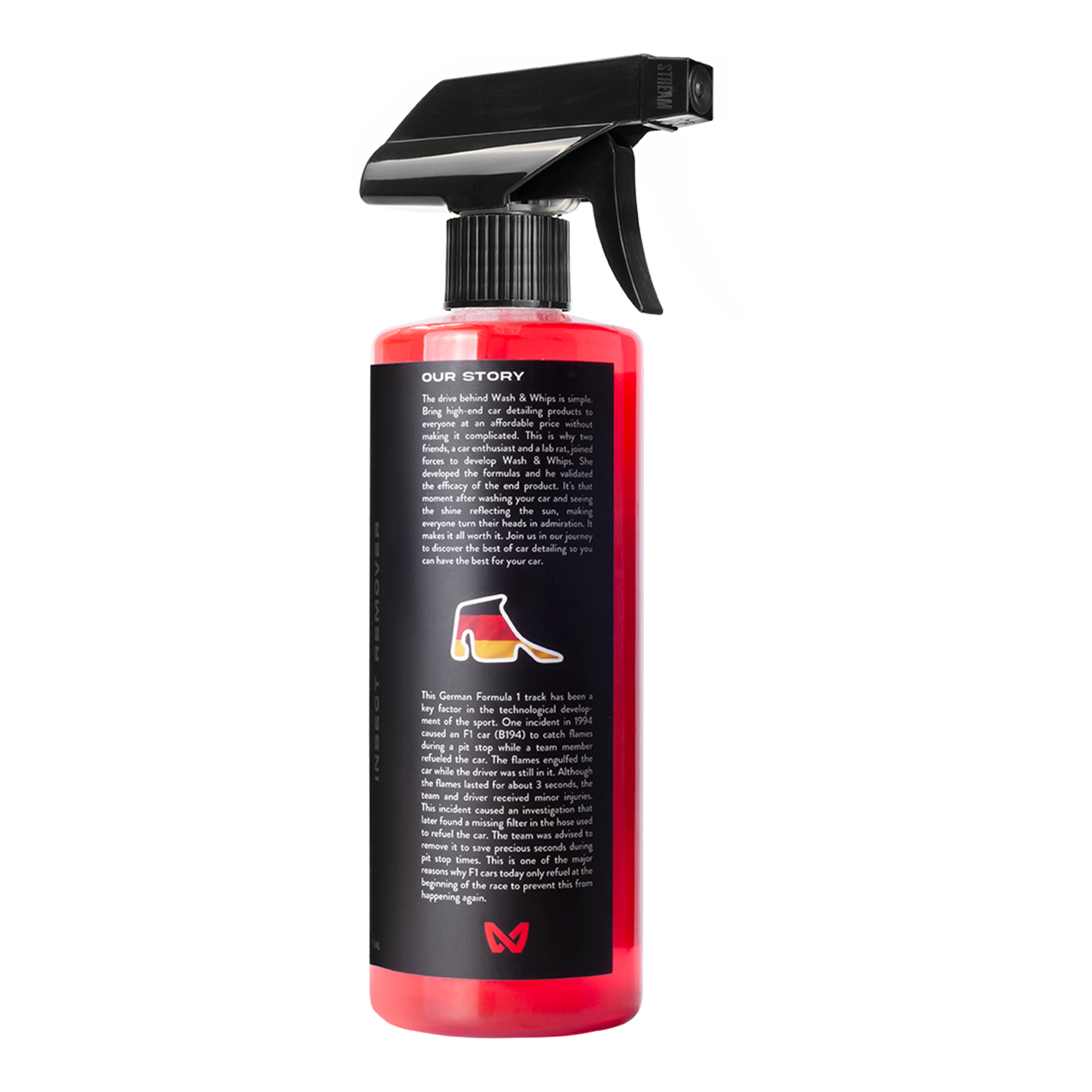 Red spray bottle with black label on a white background