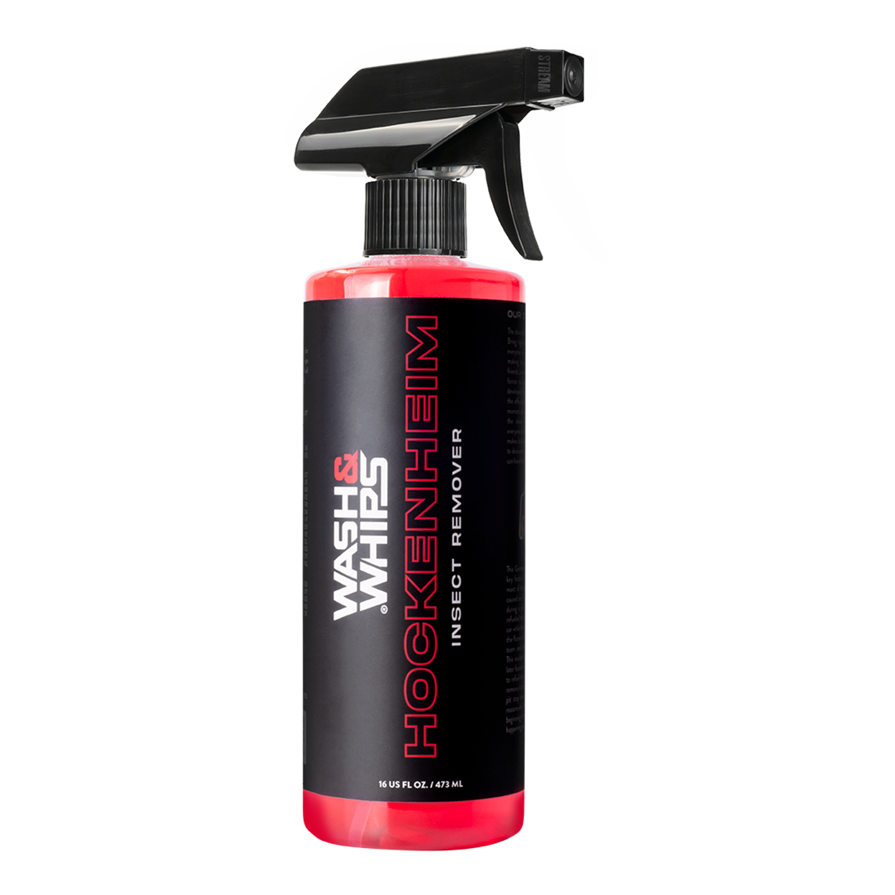 Spray bottle with black and red design on a white background